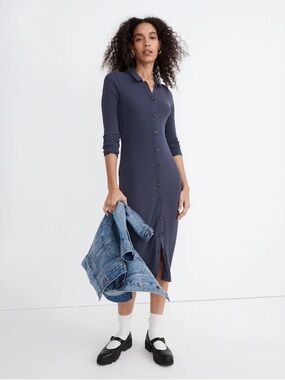 Madewell Navy Long-Sleeve Button-Front Midi Dress